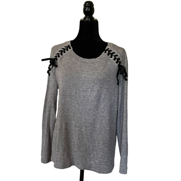 INC International Concepts Sweaters - INC International Concepts Gray Lace up Shoulder Sweater - L